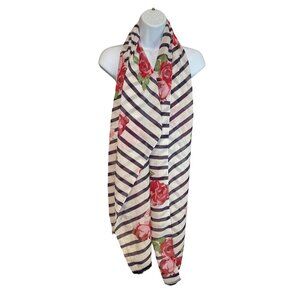 Striped Floral Rectangle Scarf | Navy White Oblong Wrap with Red Rose Print